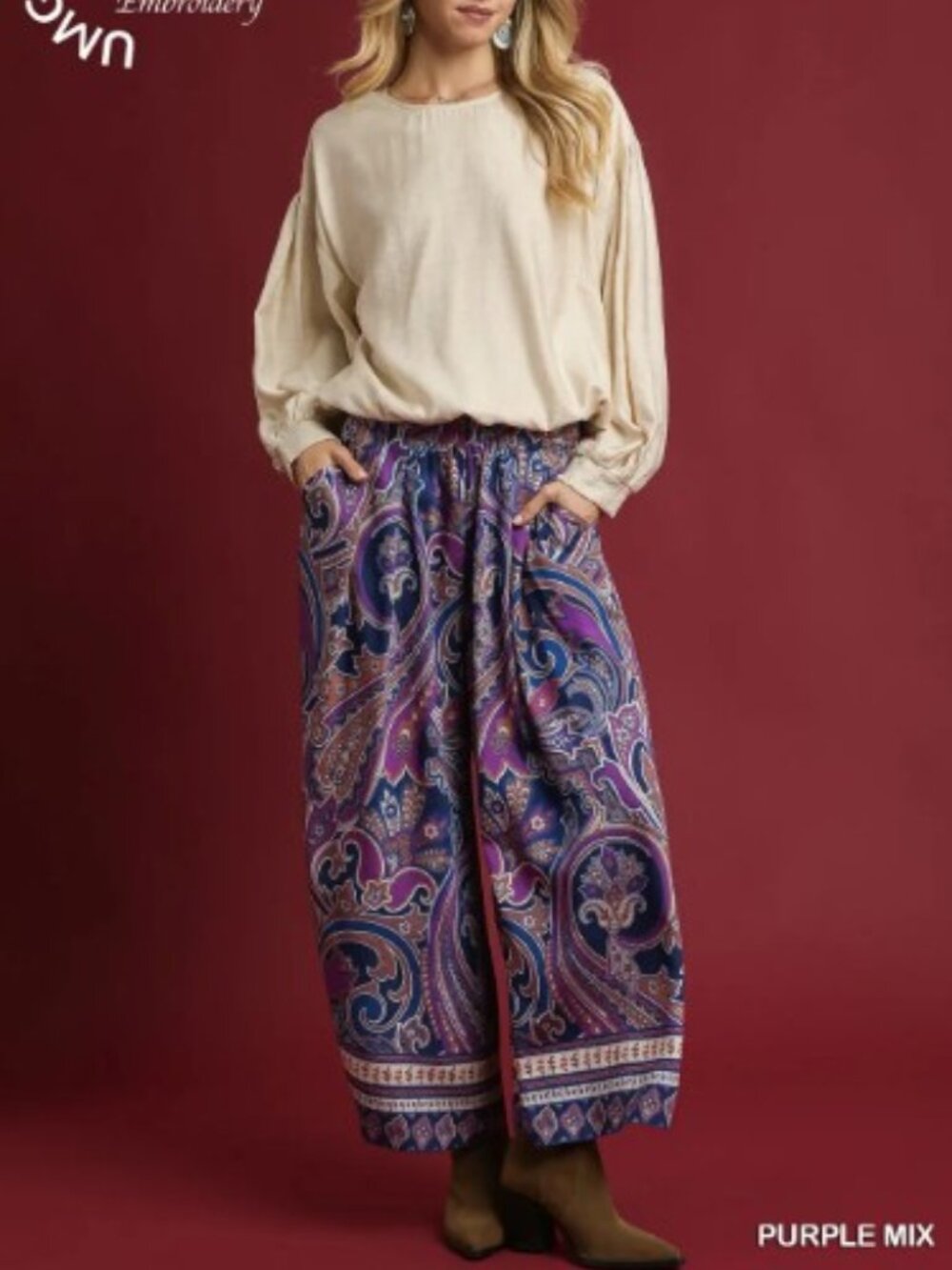 New‼️ Umgee 💜 Purple Mix Paisley Wide Leg Boho Pants NWT Boutique - Picture 5 of 5